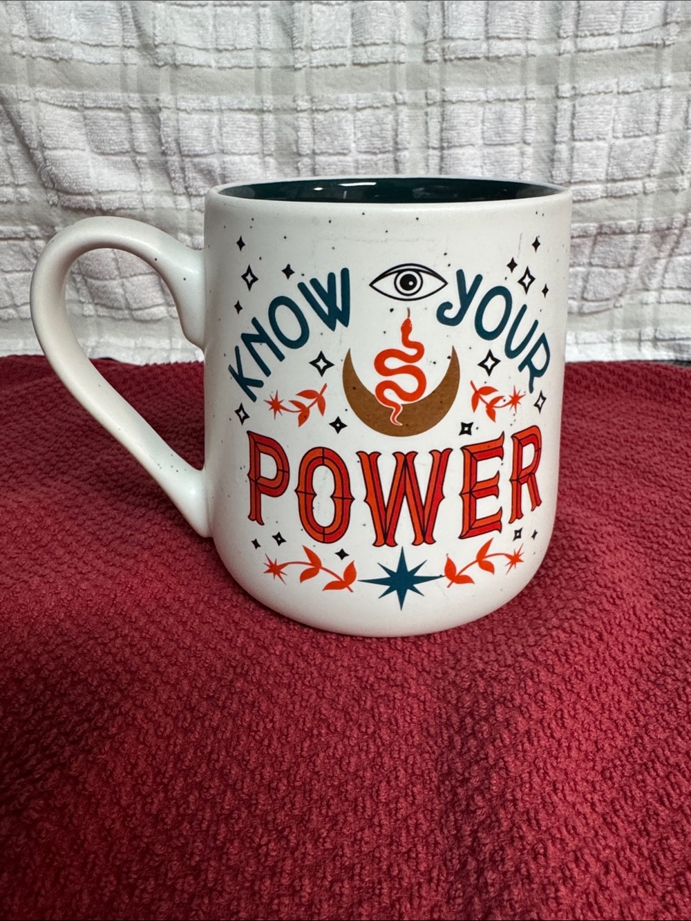 Sheffield Home White Mug with Teal Interior and Red & Gold Accents